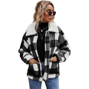 👑Women's Classic Black White Plaid Fleece Oversized Outwear Coat Warm Jacket
